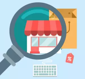 Illustration of a small shop with a red awning under a magnifying glass, beside a shopping bag and a keyboard. There is also a red sale tag with a percentage symbol hanging next to the keyboard. The background is light blue.