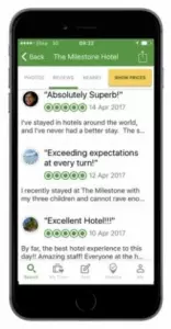 A smartphone screen displays reviews for The Milestone Hotel. The reviews have 5-star ratings and include titles: "Absolutely Superb!", "Exceeding expectations at every turn", and "Excellent Hotel!". Dates of reviews range from 14 April 2017 to 16 April 2017.