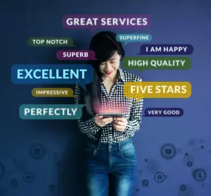 A woman in a checkered shirt holds a tablet, looking down and smiling. Surrounding her are various colorful words and phrases, such as "GREAT SERVICES," "EXCELLENT," "FIVE STARS," "SUPERB," and "HIGH QUALITY," representing positive feedback and reviews.