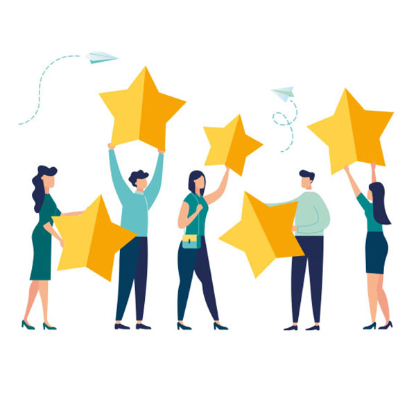 An illustration of five people standing and holding large yellow stars in various positions. There are two paper airplanes flying around in the background. The individuals appear to be celebrating or signifying positive feedback or achievement.