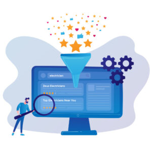 Illustration of a person holding a magnifying glass, examining search results on a large computer screen. The search term "electrician" is shown, with results like "Zeus Electricians" and "Top Electricians Near You." Stars and icons flow into a funnel above the screen.