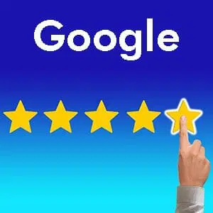 A hand is touching the fifth star in a five-star rating system below the word "Google" on a blue gradient background.