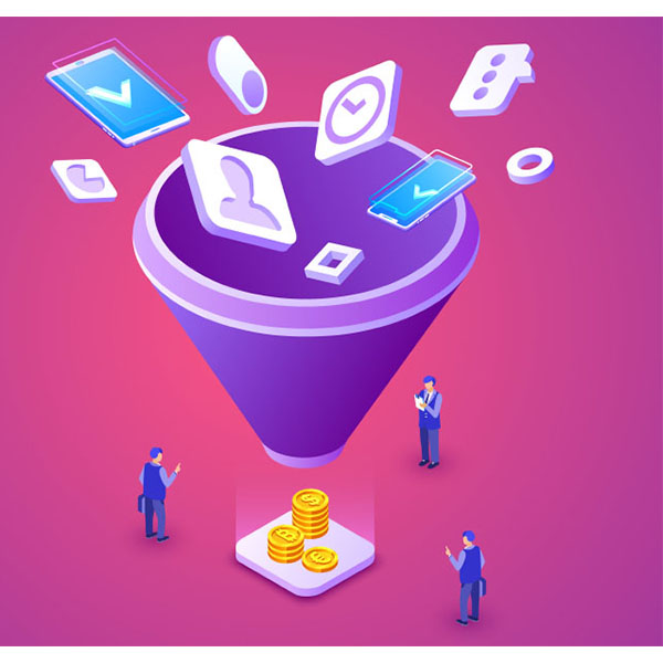 An illustration features a purple funnel with icons of a phone, chat bubbles, and user profiles flowing into it. Three business people stand around the funnel, and at the bottom, coins emerge from the funnel on a white platform. The background is gradient pink.
