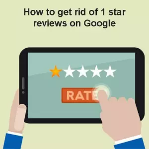 Illustration of hands holding a tablet displaying a rating screen with one star selected out of five and a large "RATE" button. Text at the top reads, "How to get rid of 1 star reviews on Google.