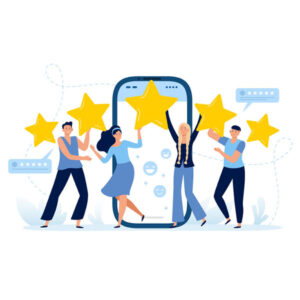 An illustration of four people, two men and two women, standing around a large smartphone. Each person is holding a large, yellow star, symbolizing positive reviews or ratings. The smartphone screen displays various emojis, and speech bubbles with star ratings are in the background.
