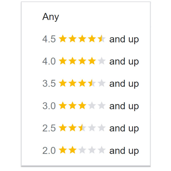 A filter menu displaying rating options: "Any", "4.5 stars and up" with a partially filled fifth star, "4.0 stars and up" with four full stars, "3.5 stars and up" with a partially filled fourth star, "3.0 stars and up", "2.5 stars and up", and "2.0 stars and up".