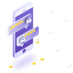 An illustration of a smartphone displaying two message bubbles with five-star ratings. Small stars are scattered around the phone, and some stars appear to be falling from the device. The color scheme is predominantly purple and white.