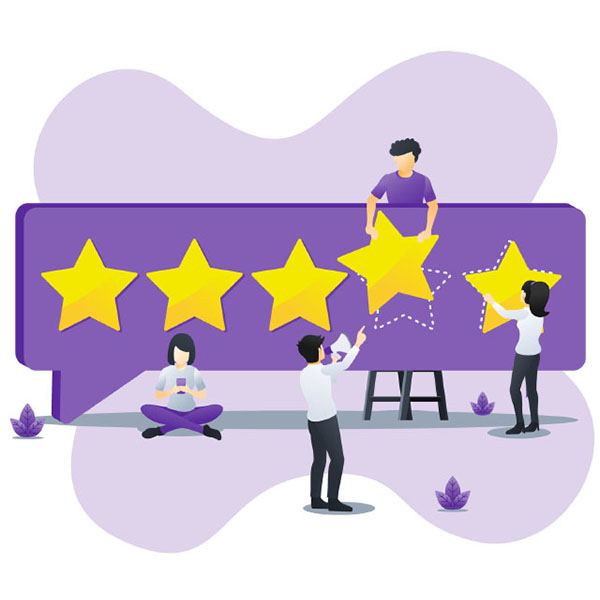 Illustration of three people placing large yellow stars on a purple background. One person on a ladder places a fifth star, another stands to the right adjusting a star, and a third points at the stars. A seated person on the left holds a tablet.