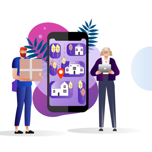 An illustration depicts two people with a large smartphone between them. The person on the left carries a package, while the person on the right holds a tablet. The smartphone displays a map with houses and a location pin. Background includes abstract shapes and plants.