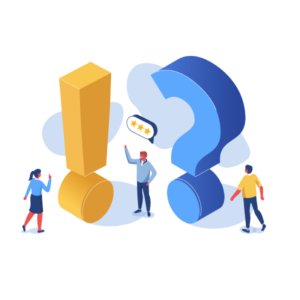 Three individuals stand near large punctuation symbols, an exclamation mark and a question mark, against a cloudy background. One person holds a speech bubble, suggesting a conversation or communication scene.