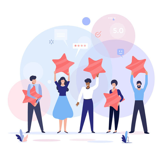 Illustration of five people standing in a line, each holding a large red star. The background features abstract shapes and icons, such as speech bubbles, a thumbs-up, and a 5.0 rating. The characters appear to be celebrating or acknowledging success.