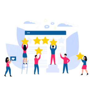 Illustration of five people giving a five-star rating. Two individuals hold stars while a third person stands on a ladder placing one. Another person stands on a pedestal holding a star overhead, and the last person gestures towards them. A large screen in the background suggests a rating or review system.