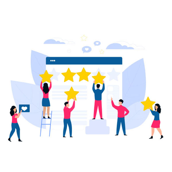 Illustration of five people giving a five-star rating. Two individuals hold stars while a third person stands on a ladder placing one. Another person stands on a pedestal holding a star overhead, and the last person gestures towards them. A large screen in the background suggests a rating or review system.