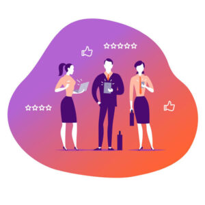 Illustration of three business professionals standing against a gradient background. Two women hold a laptop and briefcase, respectively, while the man holds a tablet. Icons of thumbs up and five stars surround them, indicating approval and high ratings.
