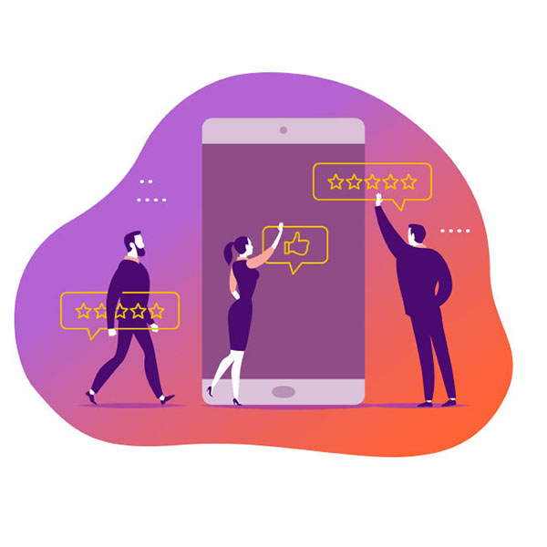 Illustration of three people interacting with a giant smartphone screen. One is rating with three stars, another has a speech bubble with a thumbs up, and the third has a speech bubble with a five-star rating. The background has a gradient of purple and orange.