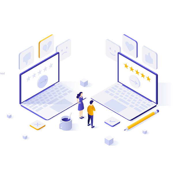 An illustration of two people standing between two laptops. One laptop shows a review with three stars, while the other shows five stars. Various icons, such as thumbs up, thumbs down, heart, and smiley faces, surround the laptops, suggesting user reviews or feedback.
