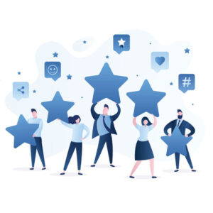 Illustration of five people holding large stars with social media icons in the background, such as a hashtag, heart, and smiley face. The scene suggests positive feedback, engagement, or appreciation in a social media context. The colors are primarily blue and white.