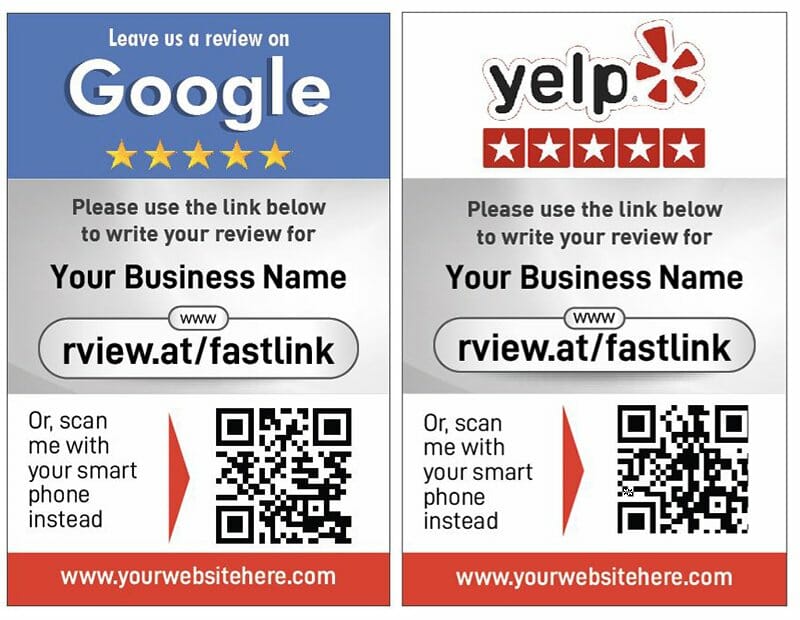 Image of 2500 Google/Yelp Dual Review Cards side by side. The left card prompts users to leave a review on Google with a five-star rating graphic, and the right card prompts reviews on Yelp with a five-star rating graphic. Both review cards include QR codes and the URL "rview.at/fastlink".