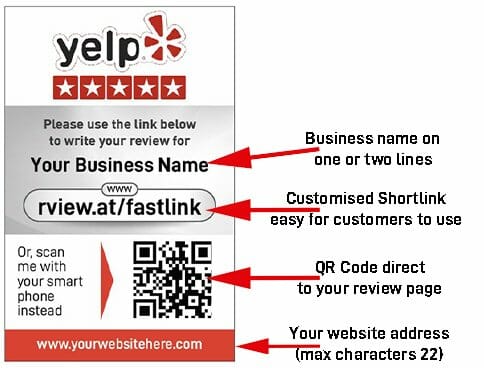 A promotion card urging customers to write a Yelp review for a business, featuring the Yelp logo, five stars, and text fields for the business name, custom shortlink, QR code for direct access to the review page, and website address. These 2500 Google/Yelp Dual Review Cards make it easy to share your experience!