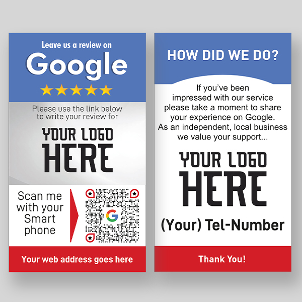 Two promotional "500 Google Review Cards - Includes Free Delivery" request feedback. Both cards have space for a logo and phone number. The first card includes a QR code for easy access. The second card thanks customers and encourages positive feedback to support the local business.