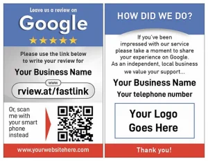 A 2500 Google My Business Review Cards with a Google logo at the top. The left side invites reviews via rview.at/fastlink or a QR code. The right side asks for feedback and includes placeholders for "Your Business Name," "Your telephone number," and "Your Logo Goes Here.