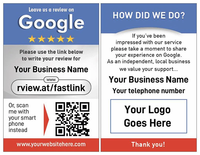 A 2500 Google My Business Review Cards with a Google logo at the top. The left side invites reviews via rview.at/fastlink or a QR code. The right side asks for feedback and includes placeholders for "Your Business Name," "Your telephone number," and "Your Logo Goes Here.