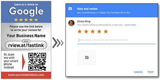 An image showing a flyer alongside a review page. The flyer encourages users to leave a Google review for "Your Business Name" via a short link or a QR code. The review page shows a 5-star rating and a comment box for writing a review under the name "Simon King.