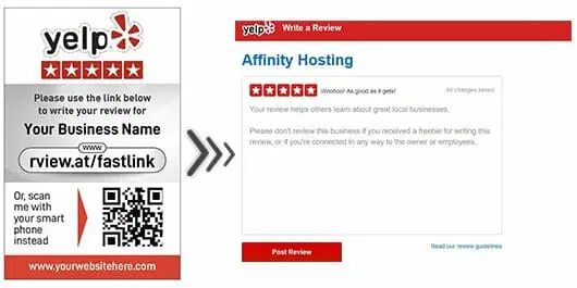 Image showing a promotional card and a screenshot from Yelp. The review card encourages users to write reviews for "2500 Google/Yelp Dual Review Cards" on Yelp, using a provided QR code or a short URL. The Yelp screenshot is for "Affinity Hosting," displaying a review form.