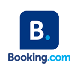 The image shows the logo for Booking.com. The logo consists of a large, capital 'B.' in white within a dark blue rounded square. Beneath the square, the word "Booking.com" is written, with "Booking" in dark blue and ".com" in light blue.