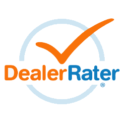 The DealerRater logo consists of the words "Dealer" in orange and "Rater" in blue, with a stylized orange checkmark above the text. The checkmark and text are encircled by a light blue ring.