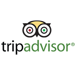 The image displays the TripAdvisor logo, featuring an owl face with two large eyes, one red and one green. The word "tripadvisor" is written below in a combination of black and green text.