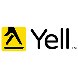 The image features the Yell logo, consisting of a stylized yellow square with diagonal black lines forming an abstract "walking fingers" symbol on the left side. To the right of the square, the word "Yell" is written in black lowercase letters.