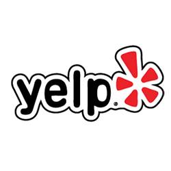 The image shows the Yelp logo. The word "yelp." is written in a rounded, black font with a white border. To the right of the word is a stylized red starburst with five points. The background is white.