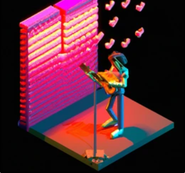 A stylized, abstract figure stands on a vibrant platform, seemingly absorbed in an activity. The figure appears to read or interact with a book or tablet, while neon-colored objects resembling books or pages float out of an illuminated wall behind them, hinting at how you can boost your online presence with Google reviews.