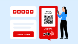 Illustration of a woman using a mobile phone next to a red Yelp sign featuring a QR code. The sign invites users to scan the code, maximizing Yelp reviews. A review interface with five stars and a "Leave a review" button is shown on the left.