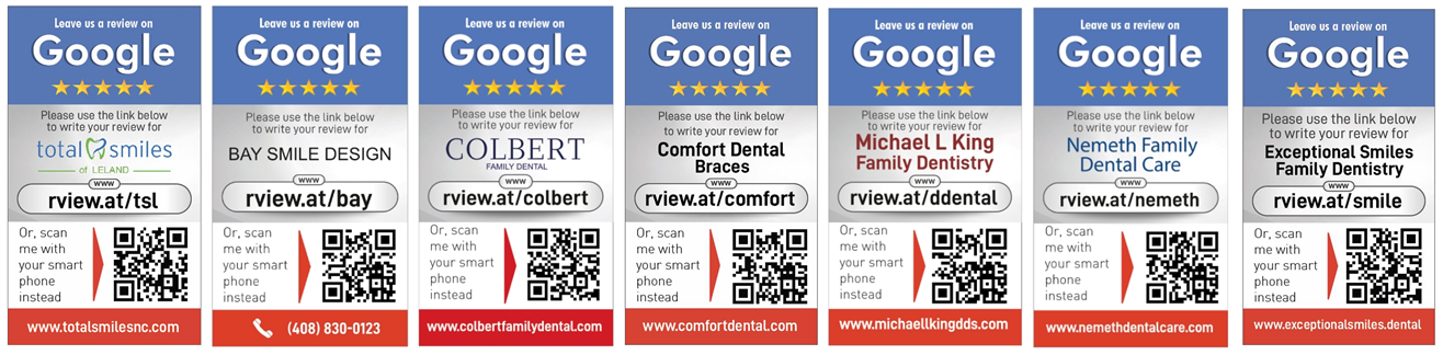 A row of seven advertising cards for various dental offices, each with a QR code for Google reviews. The cards display the names of the dental offices, logos, and messages on how to get more Google reviews for dentists by scanning the QR code. Color themes vary per card.