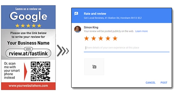 A two-part image showing how to get more reviews for a restaurant. The left side features a blue and white card urging customers to leave a review on Google, providing a link and QR code. The right side shows the Google review interface with a 5-star rating and a prompt to share details.