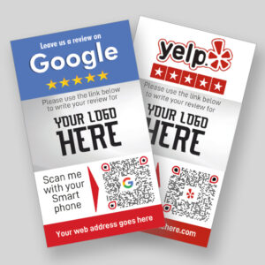 Two promotional cards encouraging reviews on Google and Yelp. Each card features a space for a company logo, QR codes for easy access, and instructions to scan with a smartphone. Both cards have a text box at the bottom for a web address.