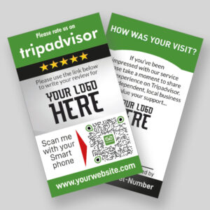 Two cards displayed side by side. The front card asks for a TripAdvisor rating, featuring five stars, a QR code, and text "Scan me with your Smart phone" and "YOUR LOGO HERE." The back card prompts, "HOW WAS YOUR VISIT?" with space for business info and a thank you message.