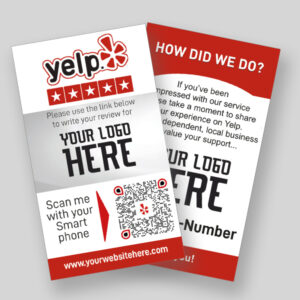 Two promotional cards for Yelp reviews, with "Your Logo Here" placeholder text. Both cards have a 5-star rating graphic, a QR code, and a link to "www.yourwebsitehere.com." One card invites users to scan the QR code with their smartphones for quick reviews.