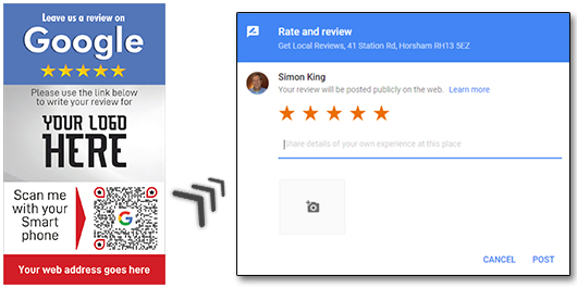 An online review prompt is shown. On the left, a banner urges users to review on Google, featuring a placeholder for a logo, QR code, and customizable link. On the right, a review form displays a 5-star rating interface and a text box for user comments.