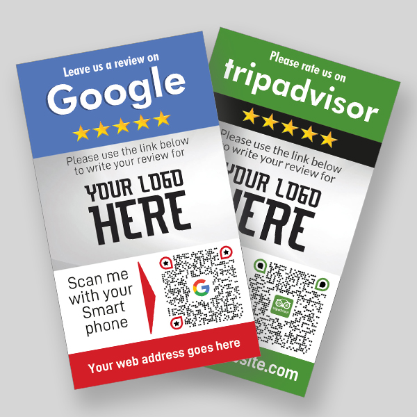 Two review flyers with QR codes: one for Google reviews with a blue header and another for Tripadvisor with a green header. Both have a placeholder for a logo and text directing users to scan the QR code to leave a review. Website URL placeholders are at the bottom.