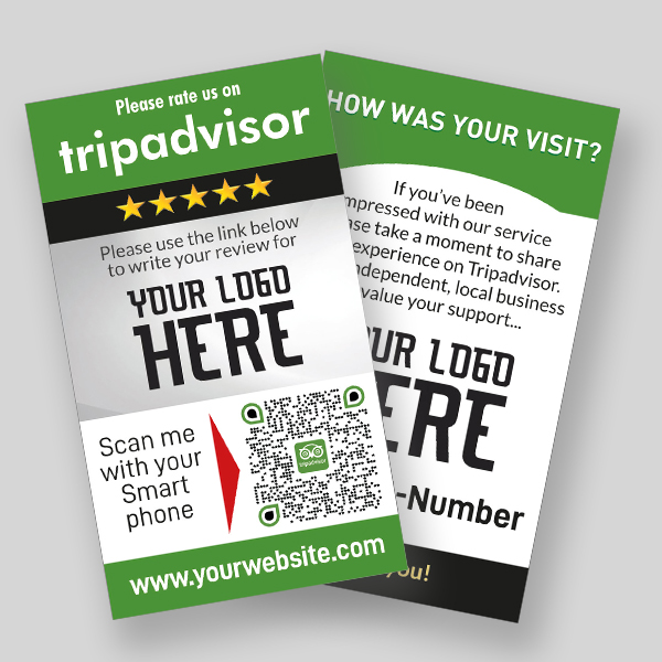 Two promotional cards for TripAdvisor reviews. One card has "Please rate us on TripAdvisor" with a QR code and a prompt to scan with a smartphone. The other card asks, "How was your visit?" and invites sharing experiences with a link and phone number.
