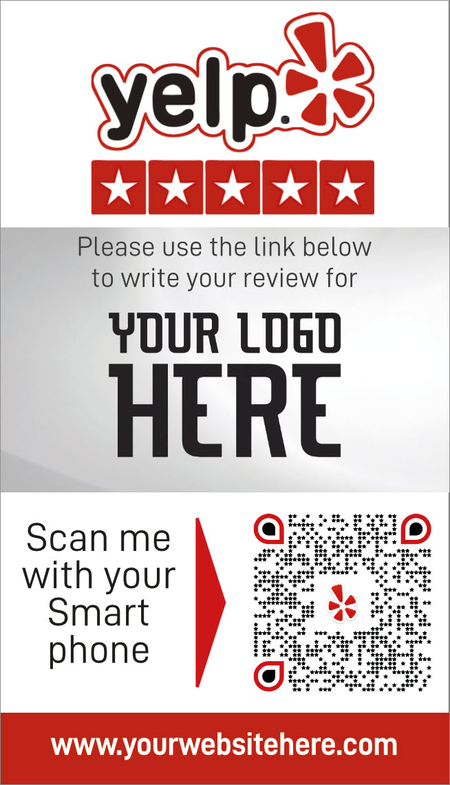 Discover our 500 Yelp Review Cards for restaurants - Free Delivery featuring a five-star rating, your logo placeholder, and a convenient QR code for smartphones. Scan the QR code to visit 'www.yourwebsitehere.com' and share your feedback today!