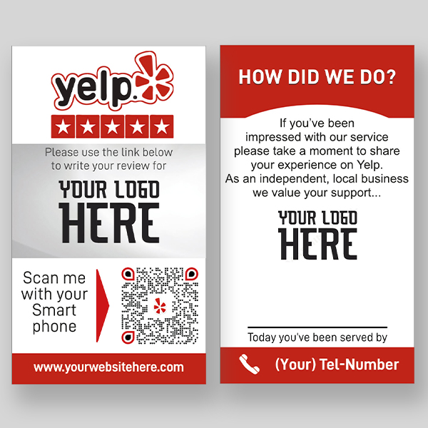 A Yelp review request card with two sections. The left side features Yelp's logo, star ratings, and a QR code to scan for reviews. The right side asks for feedback on services and includes placeholders for a logo and contact number. The background of these **500 Yelp Review Cards for restaurants - Free Delivery** is red and gray.