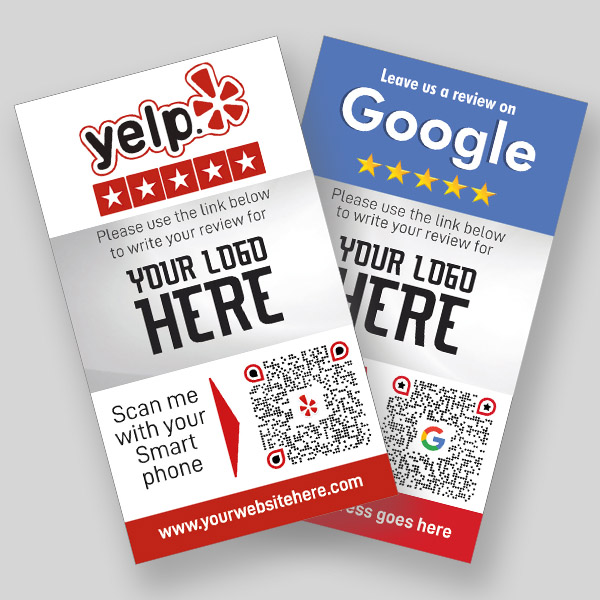 Two review cards with headings "Yelp" and "Google." Both cards have 5-star icons, space for a logo, QR codes, and instructions to leave a review. The Yelp card is red and white, while the Google card is blue and white. A red website link is at the bottom.
