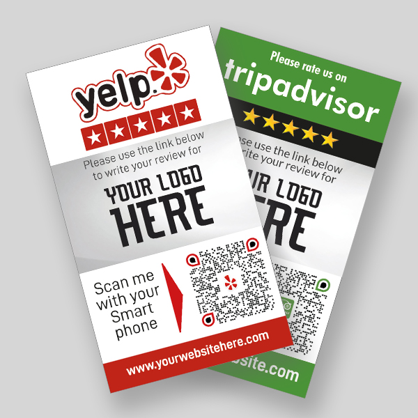 Image of two business cards promoting reviews on Yelp and TripAdvisor. Both cards have space for a business logo and include QR codes and URLs for customers to scan and leave reviews. The Yelp card has a red theme, while the TripAdvisor card has a green theme.