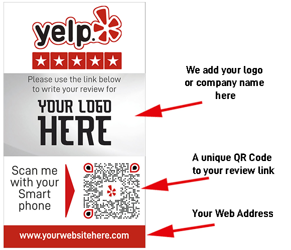 A Yelp flyer with a customizable logo, five red stars, and a QR code for smartphone scanning. Text instructs users to write a review using the provided link www.yourwebsitehere.com. Space is available for adding a logo or company name, a unique QR code, and a web address.