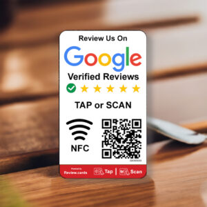 A 1 Google Smart Review Card on a wooden table prompts users to review on Google Verified Reviews. It features a green check mark, five gold stars, and text saying "TAP or SCAN." It includes NFC and QR code symbols, along with "Powered by Review.cards.