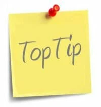 A yellow sticky note pinned with a red pushpin reads "Top Tip" in casual, handwritten-style font. The background is white.